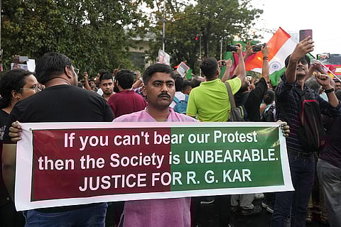 Kolkata Doctor Rape-Murder Case: East Bengal and Mohun Bagan football fans during a protest near Salt Lake stadium